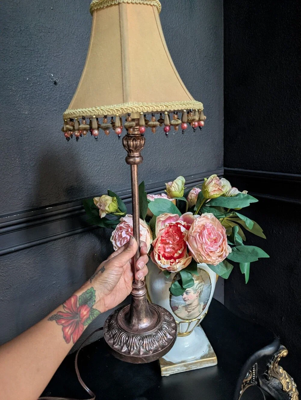 Vintage Petite Hollywood Regency Boudoir Lamp, Rose Gold Ornate base, Bead Shad